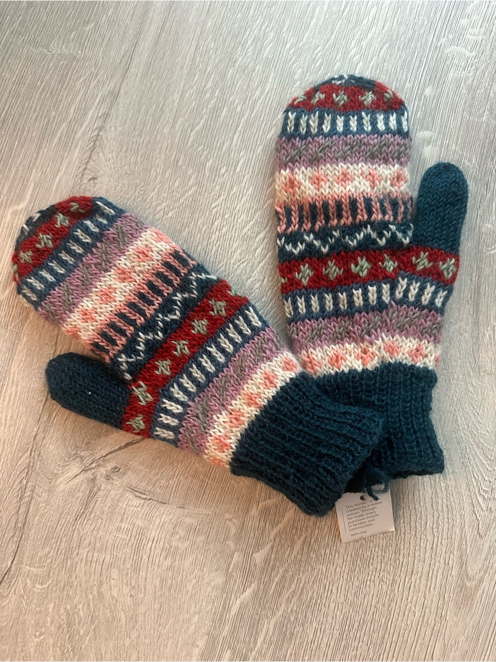 Patterned Knit Mittens in Navy, Pink & Red - Women's Winter Gloves